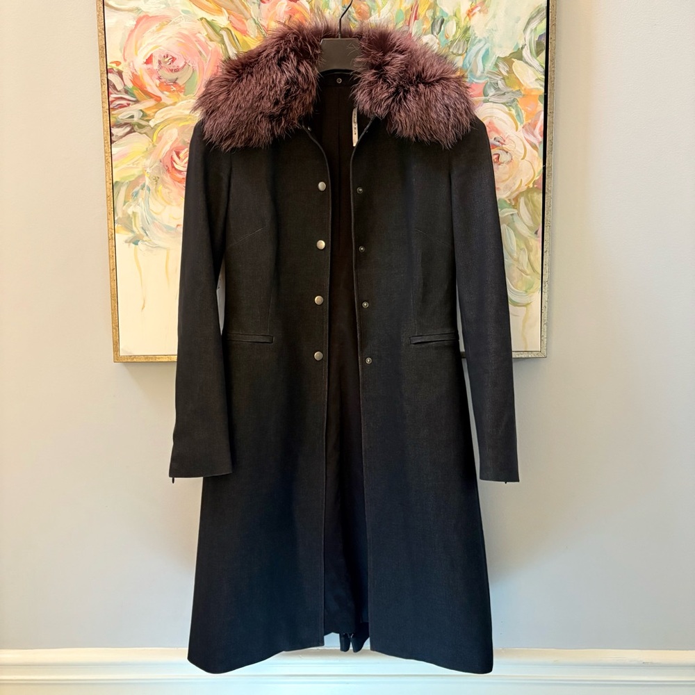 Elie Tahari Dark Denim Coat with Removable Faux Fur Collar Size 6